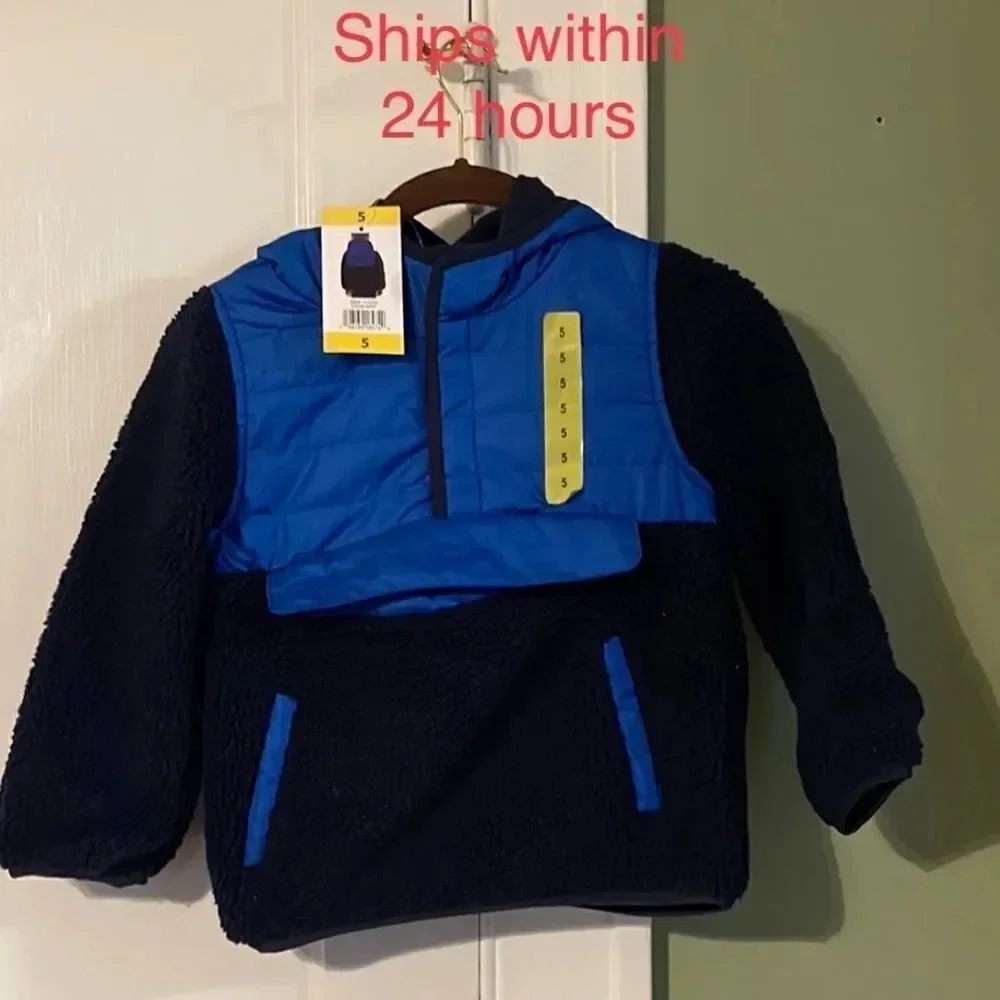 #12 1 Madison Sherpa Pullover Winer Jacket with Hood & Pront Pouch Blue Size 5